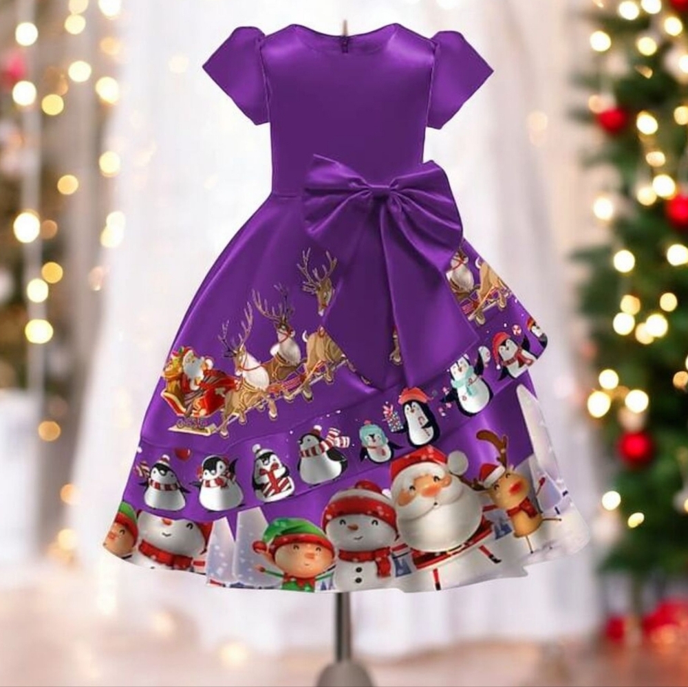 🍀4/$19🍀US8 💜Christmas Purple Kids Dress with Santa Claus Festive Print